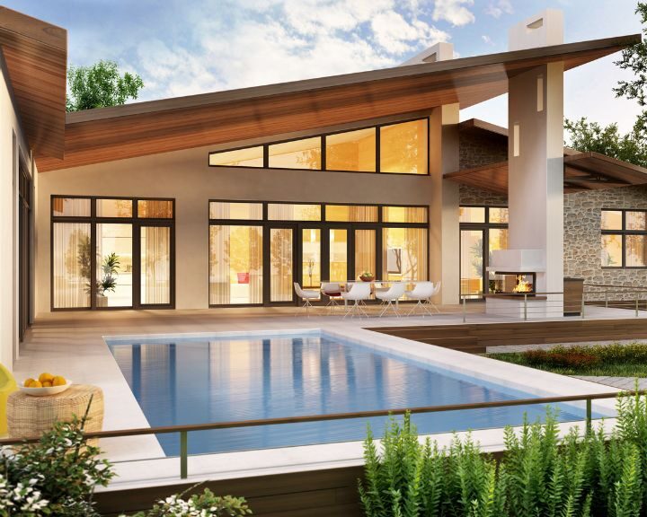 a rendering of a modern home with a concrete pool decks and swimming pool in the city.