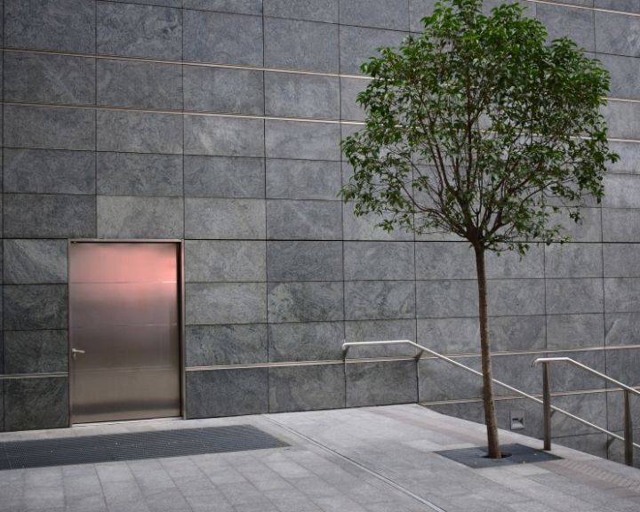 A concrete wall and tree stands beside a city building with a metal door.